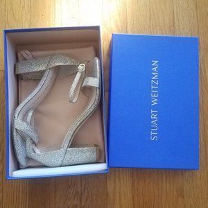 New Stuart Weitzman Nearlynude Ankle Strap Block Heel Sandal Platino 7.5 Read